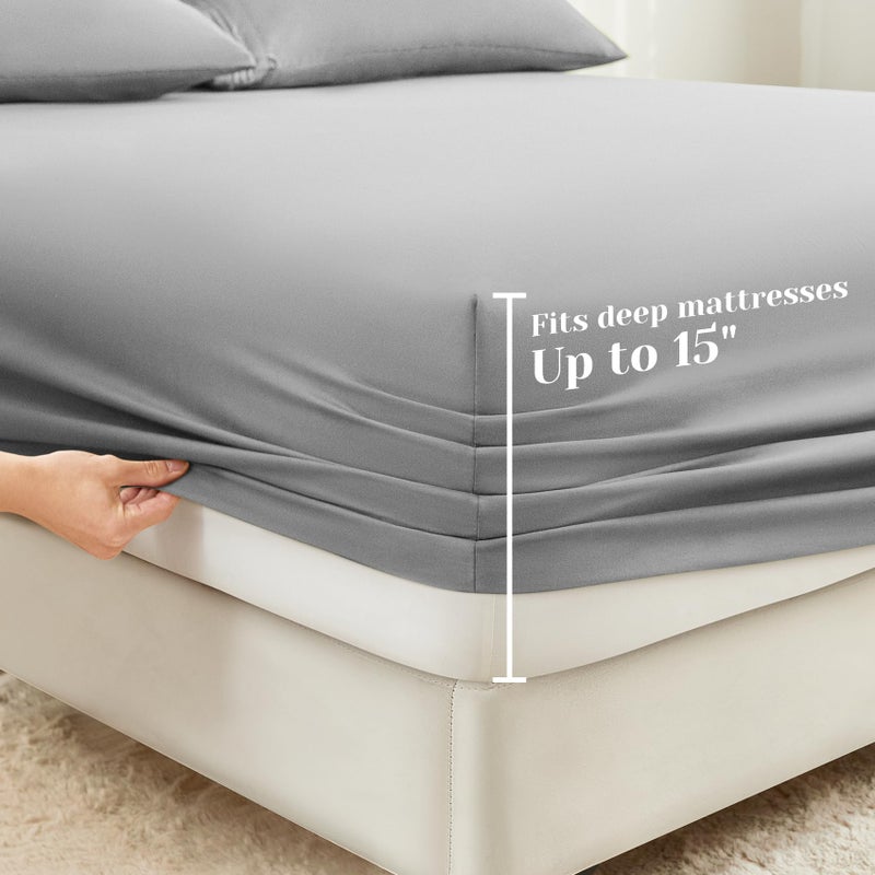 BYSURE 6 Pieces Bed Sheets Set with Pockets on Side(Full, Light Grey), Sweat-Wicking Breathable Sheets, 16-inch Super Soft Hotel Embroidered Microfiber Sheet Set - Image 5
